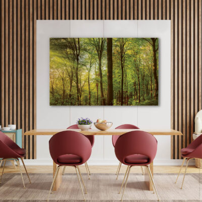 akustikbild mit wald und sonnenstrahlen von links in einem gemütlich eingerichtetem besprechungsraum