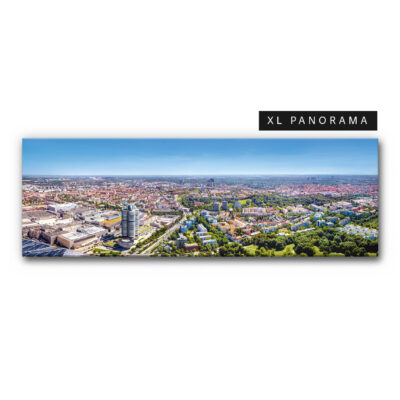 Schallabsorberbild Horizont Riesenfeld ist eine Drohnenaufnahme und zeigt Müchen von oben mit Blick über den Stadtteil Riesenfeld und die BMW-Werke.