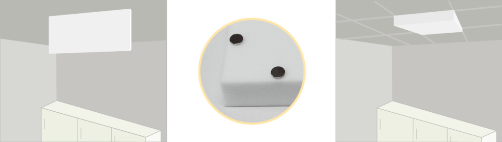 schematische Darstellung für Montage von Absorberplatten an der Decke als Baffel oder flach