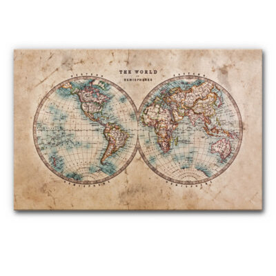 Akustikbild Weltkarte Hemisphären - eine Weltkarte, die die Ost- und West-Hemisphäre der Erde nebeneinander zeigt. Mittig der Titel "The World in Hemispheres". Die Weltkarte ist im Stil von Altpapier gestaltet.