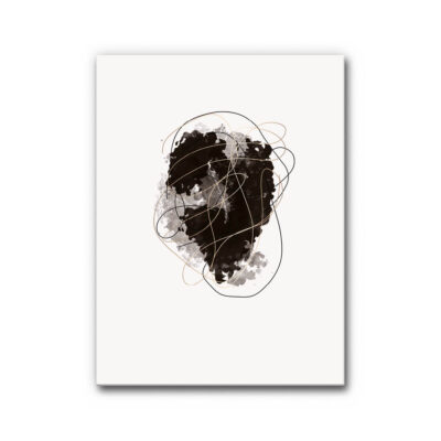 Akustikbild Warm Black with Golden Lines 2 - Modern, kontrastreich, abstrakt. Schwarze und graue Aquarellformen treffen auf feine, wirre Linien in Gold und Schwarz. Zentrierte Komposition auf weißem Grund – ausdrucksstark, aber kontrolliert. Ideal für minimalistische Räume mit einem Hang zum Künstlerischen.