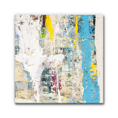 Akustikbild At the Coast - Große weiße, blaue und gelbe Farbfelder, vertikale Strukturen, dazwischen rote und grüne Akzente, dynamische Pinselspuren, abstrakte Textur, expressive Wirkung.