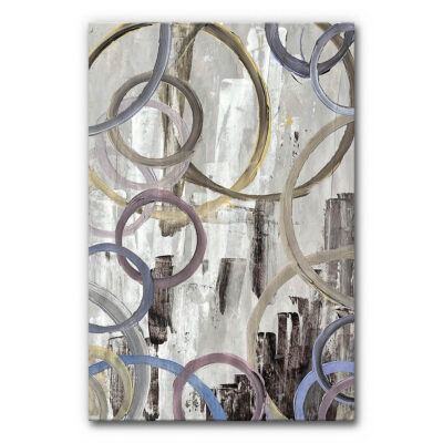 Akustikbild Round and Round - Abstrakte Komposition, überlappende Kreise in Beige-, Blau- und Lilatönen, strukturierter Hintergrund in Grau und Weiß, dynamische Linienführung, moderne Wirkung.