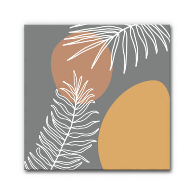 Akustikbild Autumn Leaves 2 - Minimalistisch, grafisch, modern. Warme Akzentfarben (Ocker, Rostbraun) auf tiefem Grau, durchzogen von filigranen, weißen Blattlinien. Starker Kontrast, klare Formen – ideal für strukturierte Räume mit ruhiger, geerdeter Atmosphäre.