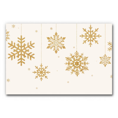 Akustikbild Goldene Sterne 2 - Ein weihnachtliches Bild mit glitzernen, goldenen Schneeflocken, hängend an Fäden über warm-weißem Hintergrund.
