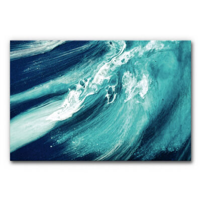 Akustikbild Moving Water 3 - Türkis-blaue Wellen, weiße Gischt, dynamische Strömungen, abstrakte Meeresbewegung, kräftige Kontraste, fließende Formen.