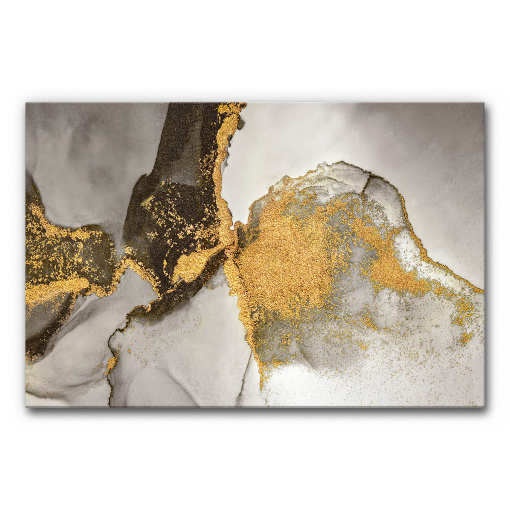 Akustikbild Goldene Tänzer 3 - Abstraktes Bild mit Marmor-Optik in Grau- und Weißtönen, durchzogen von goldenen Strukturen. Die goldenen Partien wirken wie flüssiges Metall oder feines Pulver, das sich über die Fläche zieht. Elegant, ruhig, luxuriös.