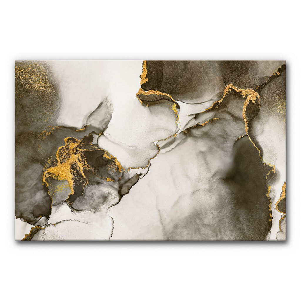 Akustikbild abstrakte Kunst mit Goldakzenten, fließende graue und beige Farbflächen mit feinen goldenen Strukturen, elegantes schallminderndes Wandbild.