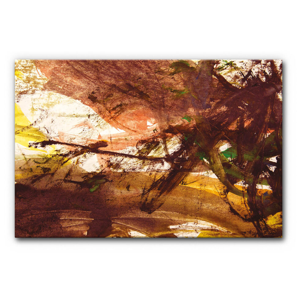 Akustikbild Herbststurm - Abstrakte Malerei in warmen Erdtönen; Braun, Ocker, Gelb, mit etwas Grün. Die Pinselstriche sind wild, fast wütend, wirken wie ein Sturm aus Farbe. Roh, expressiv, herbstlich.
