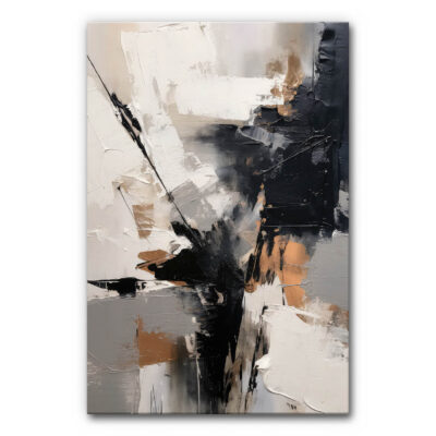 Akustikbild Dark at Light - Abstraktes Gemälde mit kräftigen Spachtelstrukturen. Dominante Farben: Schwarz, Grau, Beige und Weiß. Die Formen wirken wie eine Explosion aus der Mitte, mit diagonalen Linien und Kontrasten. Dynamisch, rau, modern.