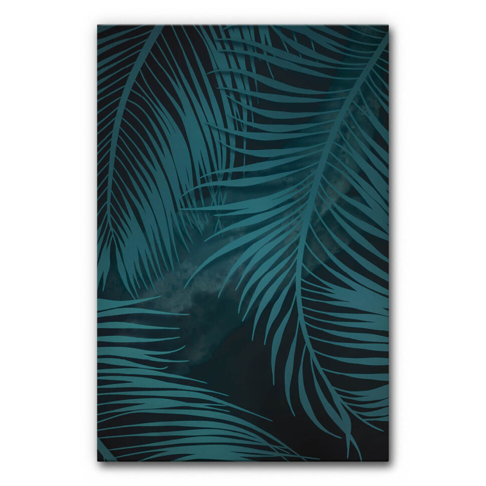 Akustikbild Tropical Camouflage 1 ist eine Illustration von Palmblättern vor dunklem Hintergrund.