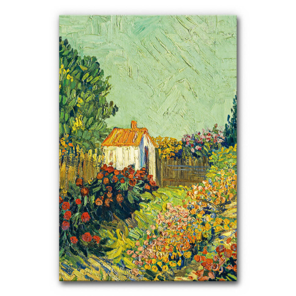Akustikbild Blühender Garten von Vincent Van Gogh zeigt einen ein Gartenhäuschen in einen blühenden Garten im impressionistischen Stil.