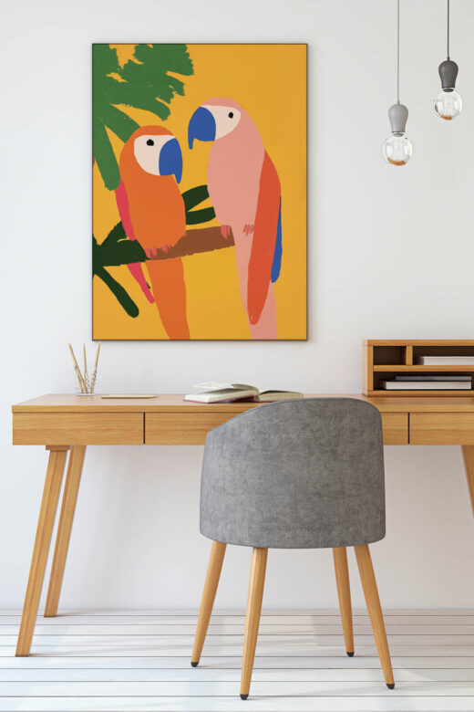 Akustikbild mit Papageien für einen farbenfrohen Akzenzt der Einrichtung im Homeoffice