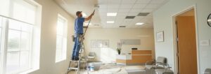 Mann auf einer Leiter, der eine Rasterdecke streicht