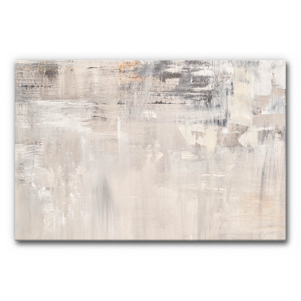 Akustikbild Winterruhe zeigt eine abstrakte, helle Komposition aus sanften Beige-, Grau- und Weißtönen mit unregelmäßigen, pinselartigen Strukturen und weichen Übergängen.