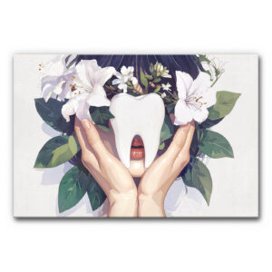 Akustikbild Gesunde Kraft zeigt ein überdimensionales, strahlend weißes Zahnmodell, das vor dem Mund einer Person gehalten wird, eingerahmt von zwei Händen, dunklem Haar und opulenten weißen Lilien und grünen Blättern.