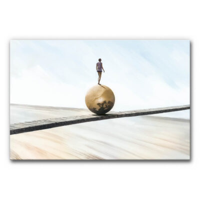 Akustikbild Schmaler Grat zeigt eine Person, die vorsichtig auf einem schmalen Holzsteg über eine große Kugel in einer weiten, hellen Landschaft balanciert.