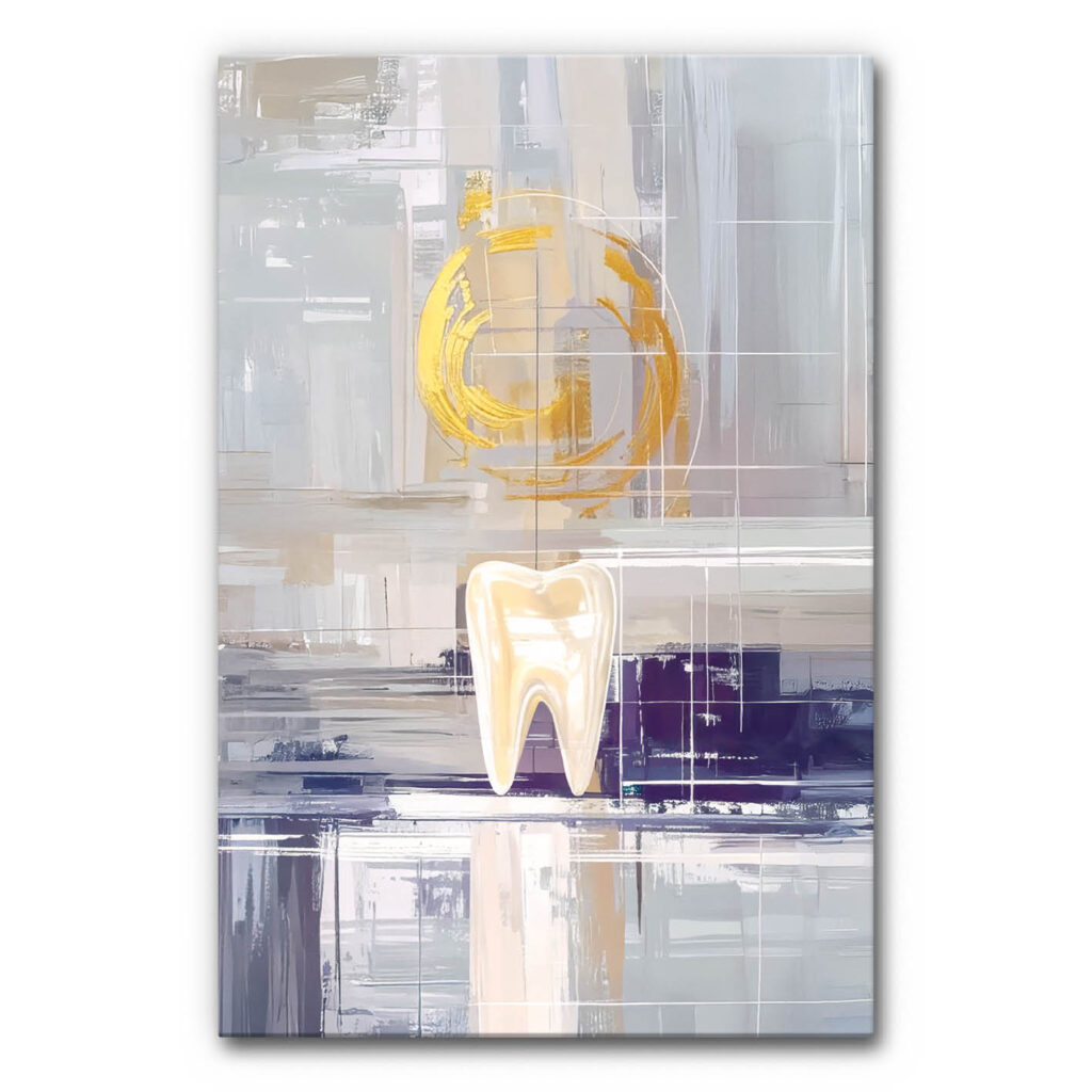 Akustikbild Der Zahn zeigt einen hell leuchtenden Zahn in der Mitte unten, eingebettet in eine Komposition aus pastellgrauen, weißen und dunkellila Pinselstrichen, die durch feine weiße Gitterlinien und einen dominanten, goldenen Ring im oberen Bereich akzentuiert wird.