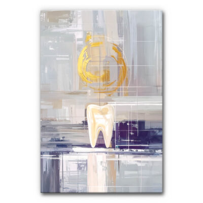 Akustikbild Der Zahn zeigt einen hell leuchtenden Zahn in der Mitte unten, eingebettet in eine Komposition aus pastellgrauen, weißen und dunkellila Pinselstrichen, die durch feine weiße Gitterlinien und einen dominanten, goldenen Ring im oberen Bereich akzentuiert wird.