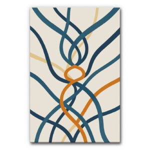 Akustikbild Filamenta Mentis zeigt ein abstraktes Geflecht aus geschwungenen Linien in Blau-, Ocker- und Beigetönen, das sich wie ein dynamisches Netzwerk über einen hellen Hintergrund verteilt.