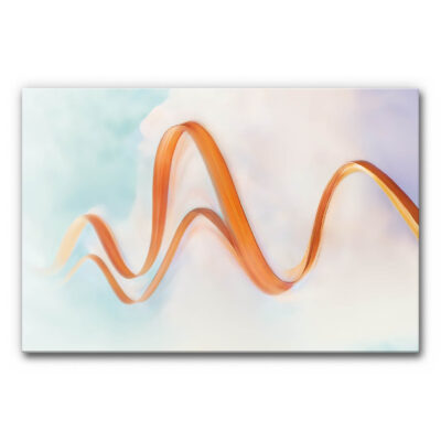 Akustikbild Impulse zeigt ein warmes, orangefarbenes Therapieband, das sich wellenförmig durch einen weich verschwimmenden Hintergrund aus Cyan- und Lilatönen bewegt.