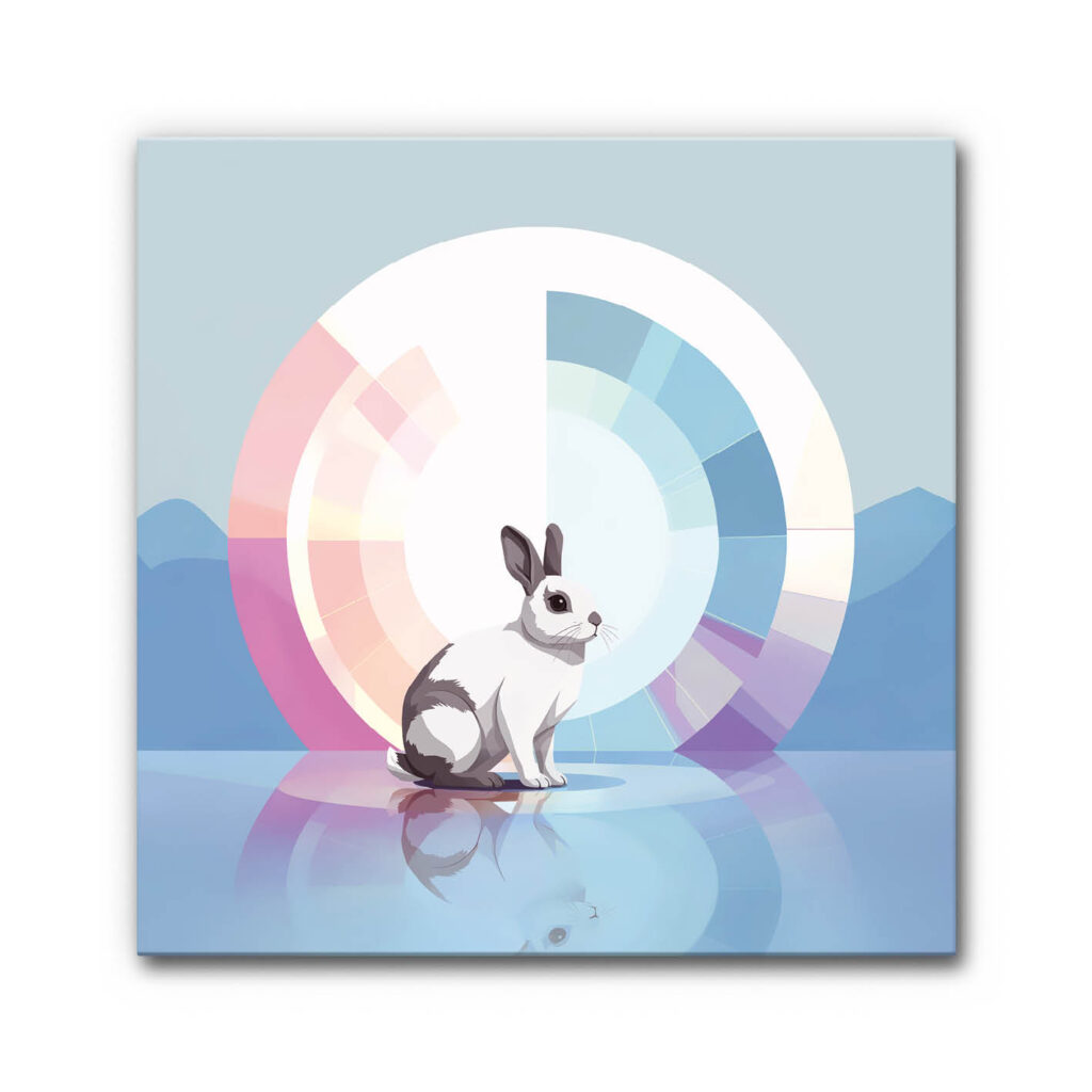 Akustikbild Halo Bunny zeigt ein sitzendes Kaninchen auf spiegelndem Boden, hinter dem ein farbiger Halo aus grafischen Segmenten vor einer abstrakten Hügellandschaft erscheint.