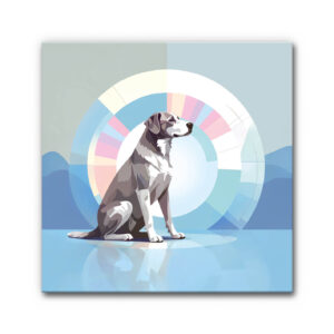 Akustikbild Halo Dog zeigt einen sitzenden Hund auf spiegelndem Boden, hinter dem ein farbiger Halo aus grafischen Segmenten vor einer abstrakten Hügellandschaft erscheint.