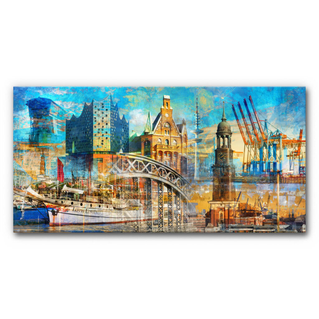 Das Akustikbild Hamburg Architekturcollage zeigt in leuchtenden Farben eine künstlerische Überlagerung ikonischer Hamburger Wahrzeichen wie Elbphilharmonie, Hafenkräne, Speicherstadt, Brücken, Schiffe und Kirchtürme zu einer dynamischen urbanen Szenerie.
