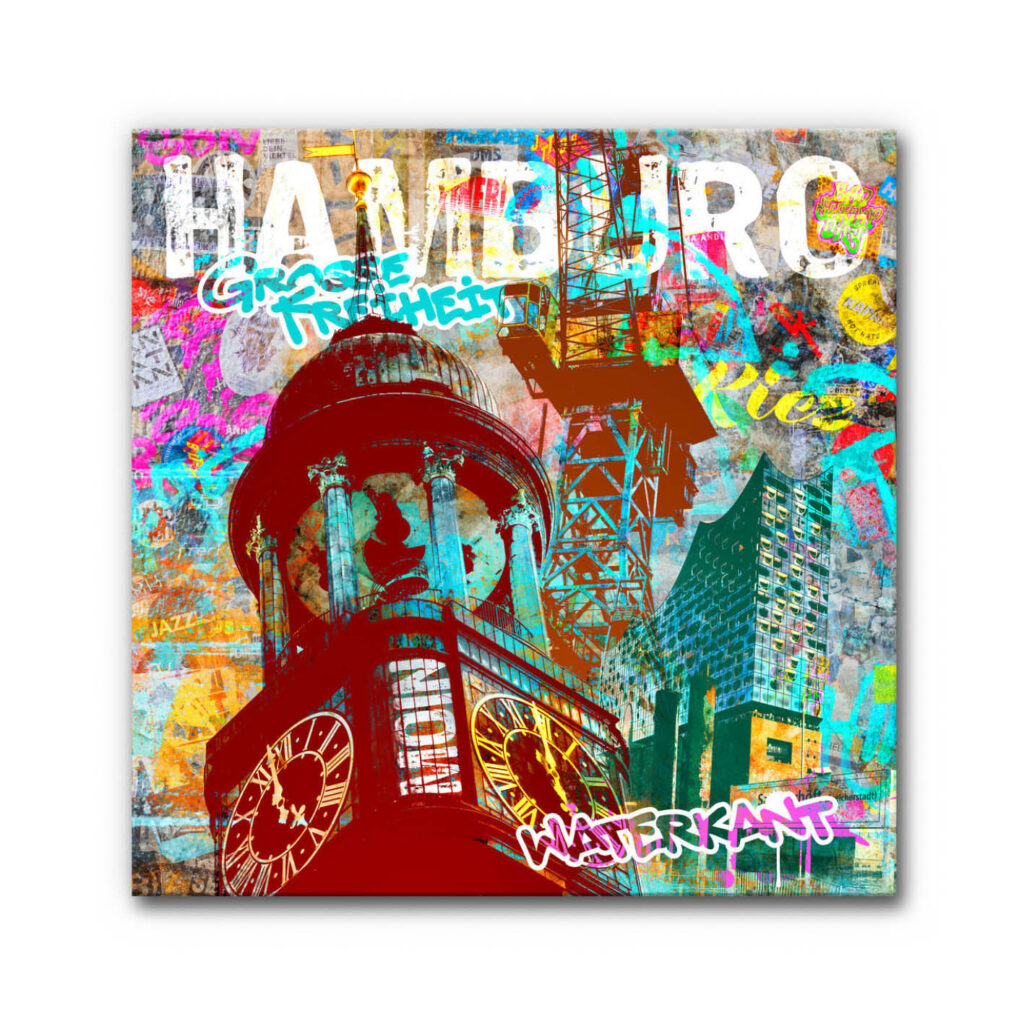 Das Akustikbild Hamburg Graffiti Collage vereint ikonische Wahrzeichen wie den „Michel“ und die Elbphilharmonie mit urbanen Schriftzügen wie „Grosse Freiheit“ und „Waterkant“ in einem explosiven, farbenfrohen Street-Art-Design, das die lebendige Energie der Hansestadt widerspiegelt.