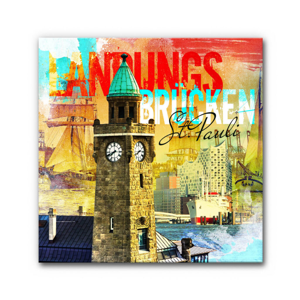 Das Akustikbild Landungsbrücken Hamburg Collage setzt den historischen Pegelturm der Landungsbrücken zentral in Szene und kombiniert ihn mit maritimen Elementen wie der Elbphilharmonie, Segelschiffen und den markanten Schriftzügen „Landungsbrücken“ sowie „St. Pauli“ in einem kontrastreichen, künstlerischen Design.