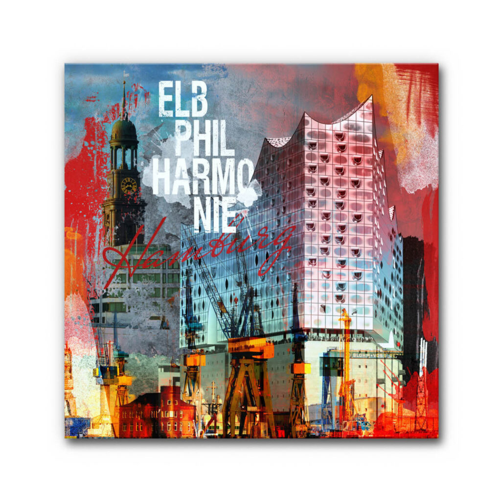 Akustikbild Hamburg Collage Elbphilharmonie kombiniert markante Hamburger Wahrzeichen wie die Elbphilharmonie, den „Michel“ und Hafenkräne in einem künstlerischen, farbenfrohen Mixed-Media-Stil, der moderne Architektur mit industriellem Hafenflair verbindet.