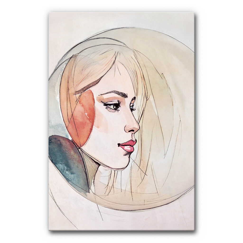 Design Akustikbild abstraktes Frauenporträt in Seitenansicht, gezeichnete Illustration mit feinen Linien und weichen Beige-, Rosé- und Grautönen auf hellem Hintergrund.