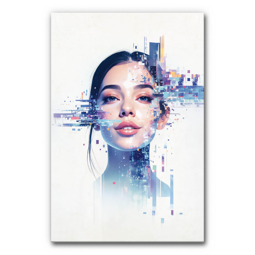 Design Akustikbild digitale Identität mit abstraktem Frauenporträt, das aus digitalen Fragmenten besteht. Modernes schallminderndes Wandbild in Blau- und Pastelltönen.