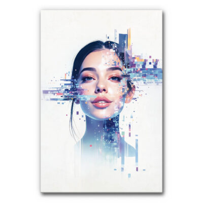 Design Akustikbild digitale Identität mit abstraktem Frauenporträt, das aus digitalen Fragmenten besteht. Modernes schallminderndes Wandbild in Blau- und Pastelltönen.