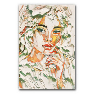 Design Akustikbild künstlerisches Porträt mit gemaltem Frauenmotiv in Grün-, Ocker- und Orangetönen, organische Pinselstrukturen, modernes schallminderndes Wandbild.