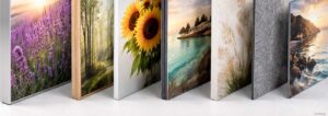 7 verschiedene Bildtypen stehen nebeneinander: Akustikbild, Wandbild mit Holzrahmen, Leinwandbild, bedruckte Absorberplatte, Dibond-Bild, Metallplatte mit Fotodruck sowie Acrylglasplatte mit Fotodruck