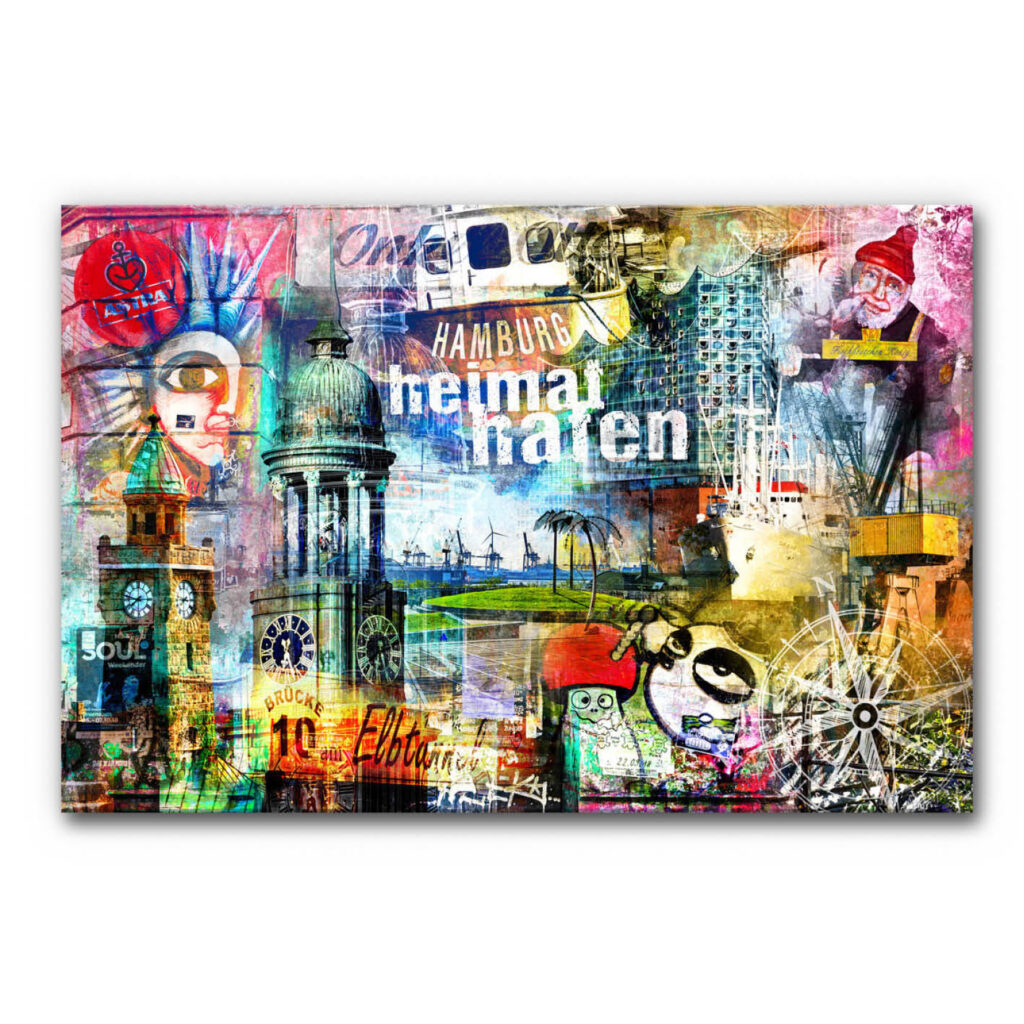 Akustikbild Hamburg Heimathafen vereint den Pegelturm der Landungsbrücken, die Elbphilharmonie und maritime Motive mit dem zentralen Schriftzug „Heimathafen“ in einer vielschichtigen Collage aus Street-Art-Elementen, Hafenflair und urbanen Symbolen.