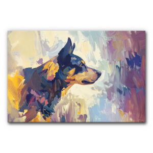 Schallminderndes Wandbild Hund Kunst mit gemaltem Hund im Profil, dargestellt in abstraktem Stil mit Blau-, Gelb- und Violetttönen auf hellem Hintergrund.