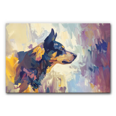Schallminderndes Wandbild Hund Kunst mit gemaltem Hund im Profil, dargestellt in abstraktem Stil mit Blau-, Gelb- und Violetttönen auf hellem Hintergrund.
