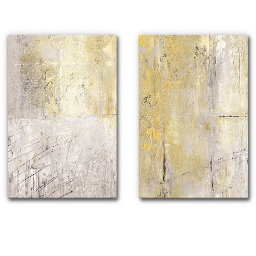 Design-Akustikbild 2er Set mit texturierter Oberfläche in Beige, Creme und Gold, abstrakte Struktur mit feinen Linien und ruhiger, moderner Optik.