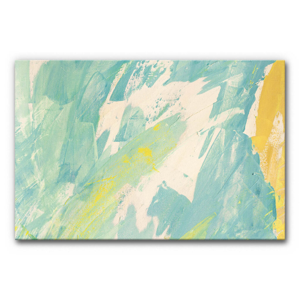 Akustik Wandgestaltung abstrakt in frischen Blautönen mit Türkis, Weiß und gelben Akzenten, dynamische Pinselstrukturen als schallminderndes Wandbild zur Raumakustik.