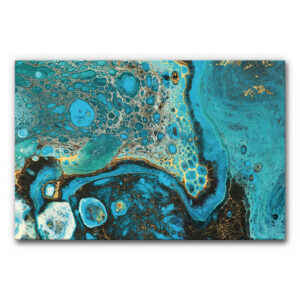 Akustikbild Inner Ocean in Türkis und Gold mit abstrakter Fluid-Art-Struktur, organische Formen in Türkis, Petrol, Schwarz und feinen goldenen Akzenten.