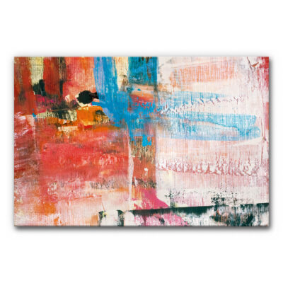Akustikbild mit expressiven Pinselstrichen in Rot, Koralle, Türkis und Weiß, abstrakte Malerei mit kräftigen Farbflächen und sichtbarer Leinwandstruktur.