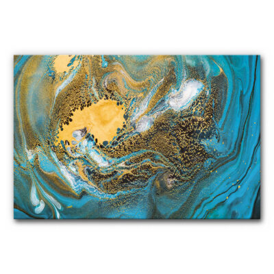 Akustikbild mit Fluid Art in Blau und Gold, abstrakte Komposition mit fließenden Strukturen in Blau, Türkis, Schwarz und goldenen Akzenten mit marmorierter Optik.