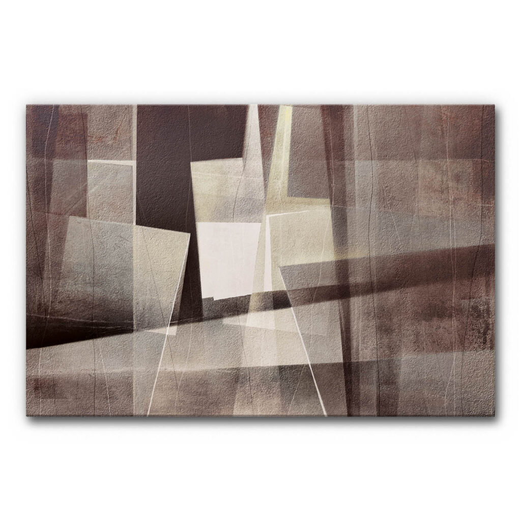 Abstraktes Akustikbild mit geometrischen Formen in Braun und Beige, urbane Architekturstruktur mit überlagernden Flächen als schallminderndes Wandbild zur Verbesserung der Raumakustik.