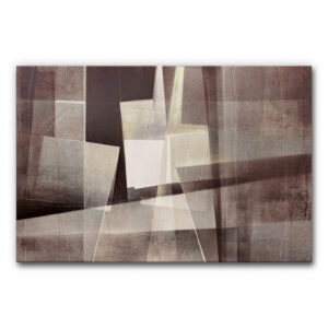 Abstraktes Akustikbild mit geometrischen Formen in Braun und Beige, urbane Architekturstruktur mit überlagernden Flächen als schallminderndes Wandbild zur Verbesserung der Raumakustik.