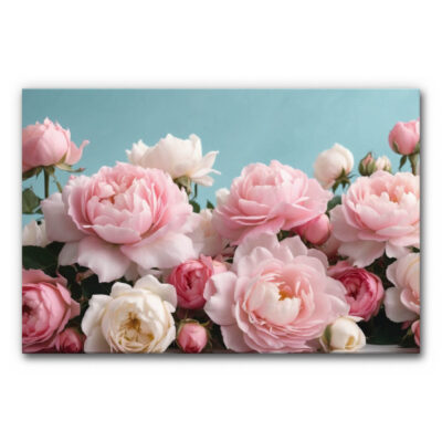 Akustikbild florale Wandgestaltung Blooming Grace mit rosa und weißen Rosen, feinen Blüten und zarten Blättern vor einem hellblauen Hintergrund.