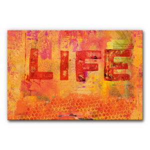 Akustikbild mit Schriftzug LIFE, abstraktes Motiv in Rot, Orange und Gelb mit urbanen Collage-Strukturen, Texturen und großem LIFE-Schriftzug.