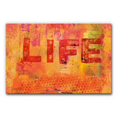 Akustikbild mit Schriftzug LIFE, abstraktes Motiv in Rot, Orange und Gelb mit urbanen Collage-Strukturen, Texturen und großem LIFE-Schriftzug.