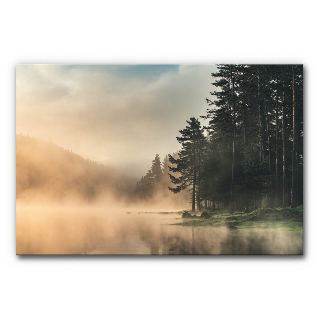 Akustikbild Waldsee mit Nebel zeigt einen stillen See im Morgennebel, dunkle Nadelbäume am Ufer und warmes Licht über einer ruhigen Waldlandschaft.